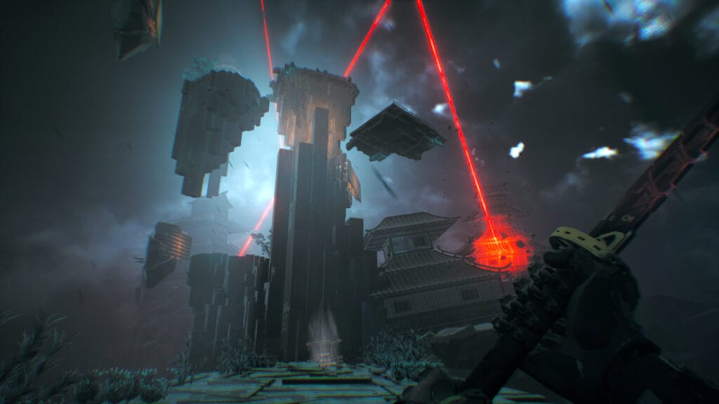A tower surrounded by storm clouds in Ghostrunner 2 by One More Level