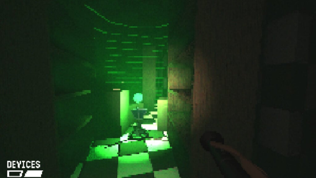 A green-lit hallway from It Steals, a game like Lethal Company