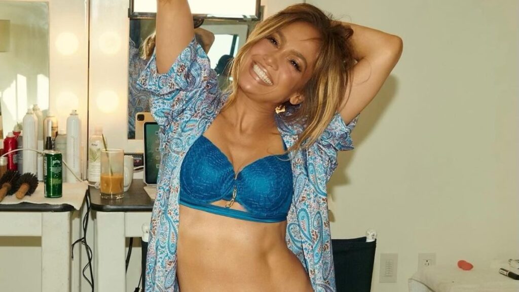 Jennifer Lopez in blue bikini and floral nightwear