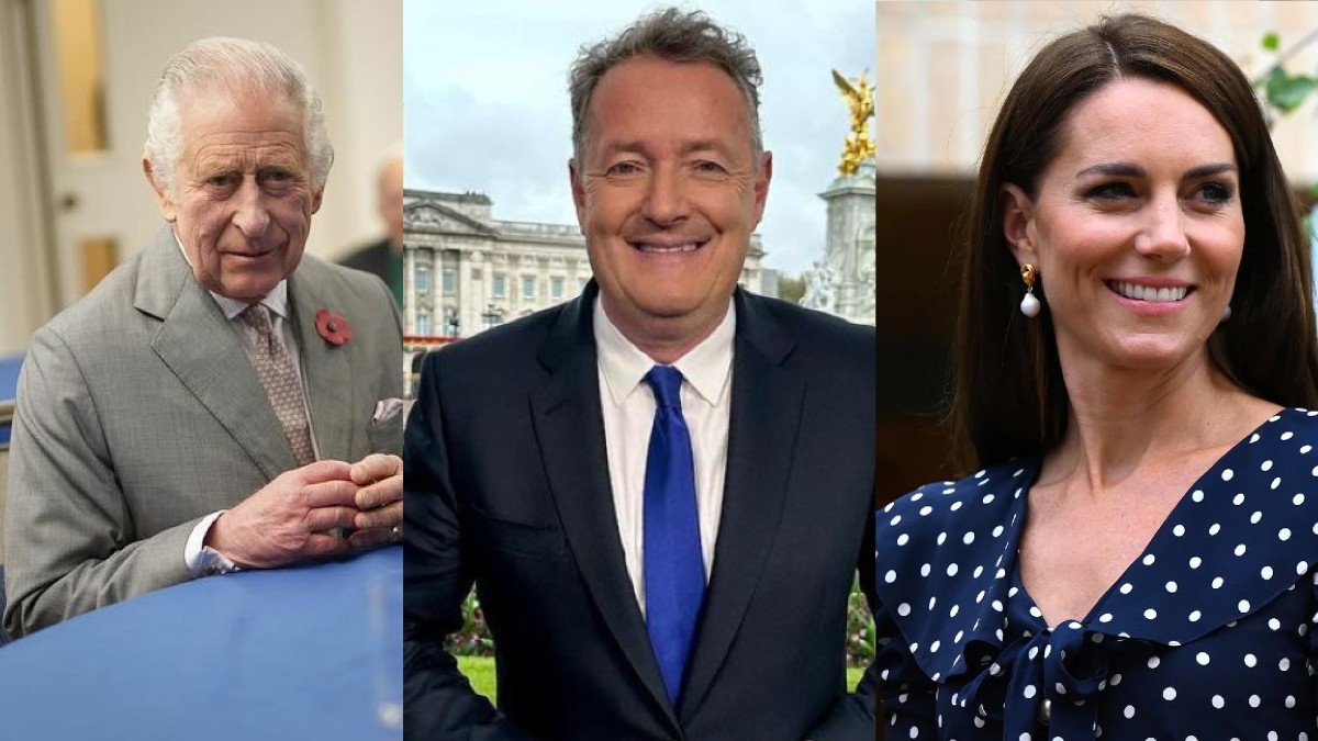Piers Morgan with the royal family's King Charles and Kate Middleton photo merge