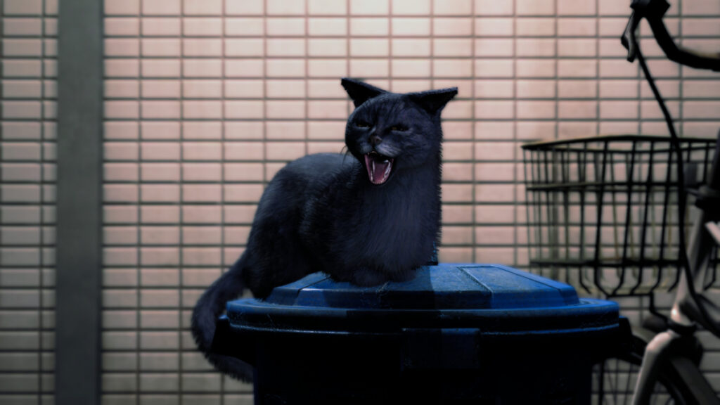 A cat sits on a trashcan in the newest game of the Yakuza series