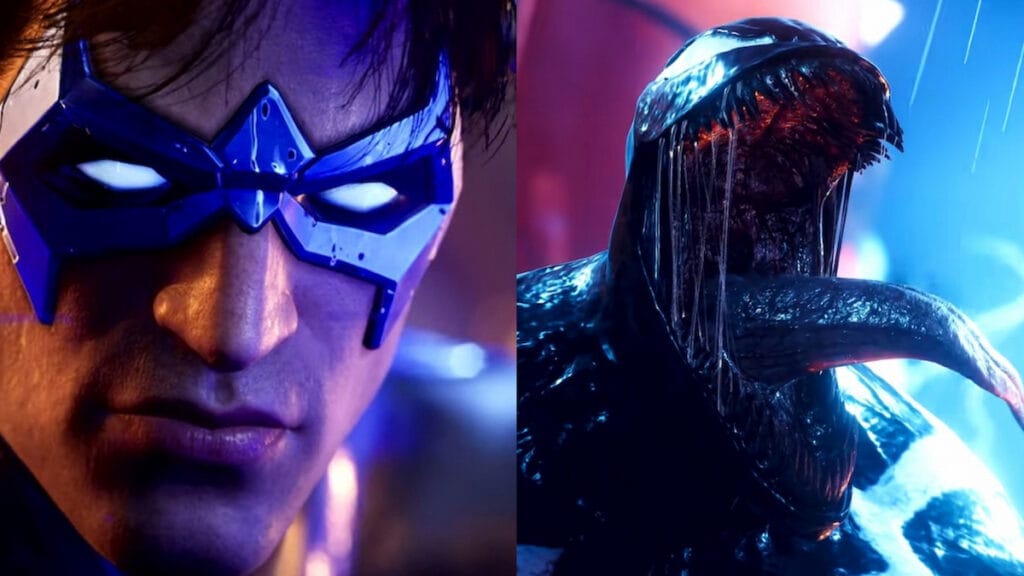 A split image of Nightwing in Gotham Knights, one of the latest DC games, and Venom from Marvel's Spider-Man 2, the latest Marvel game.