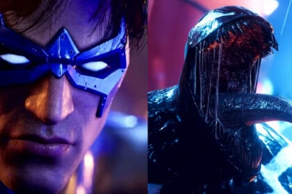 A split image of Nightwing in Gotham Knights, one of the latest DC games, and Venom from Marvel's Spider-Man 2, the latest Marvel game.