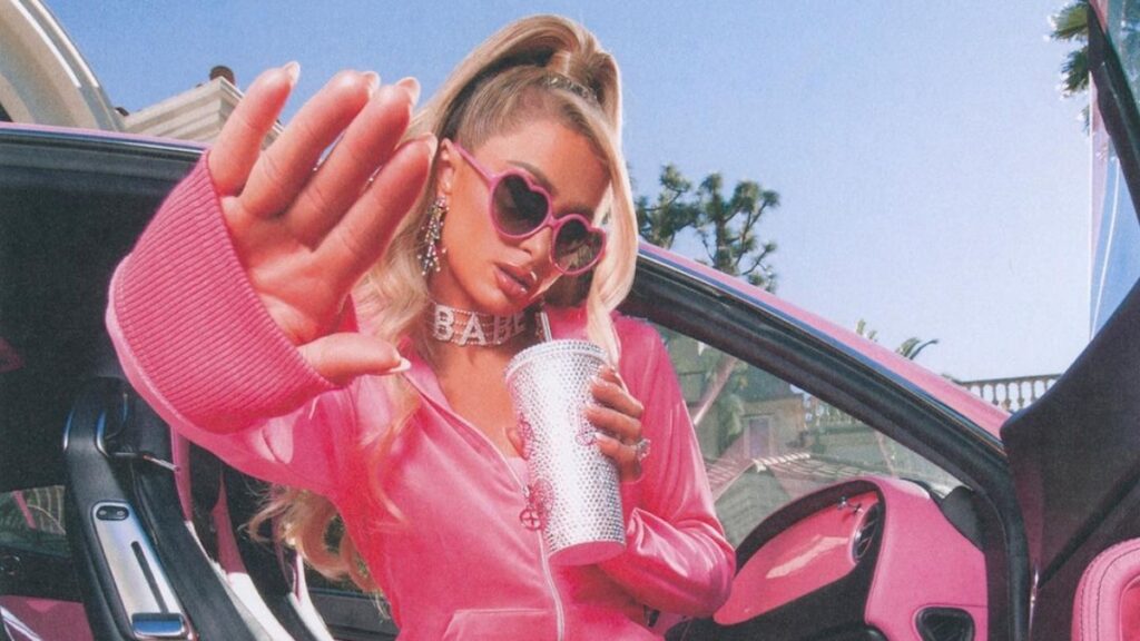 Paris Hilton rocking a baby pink tracksuit