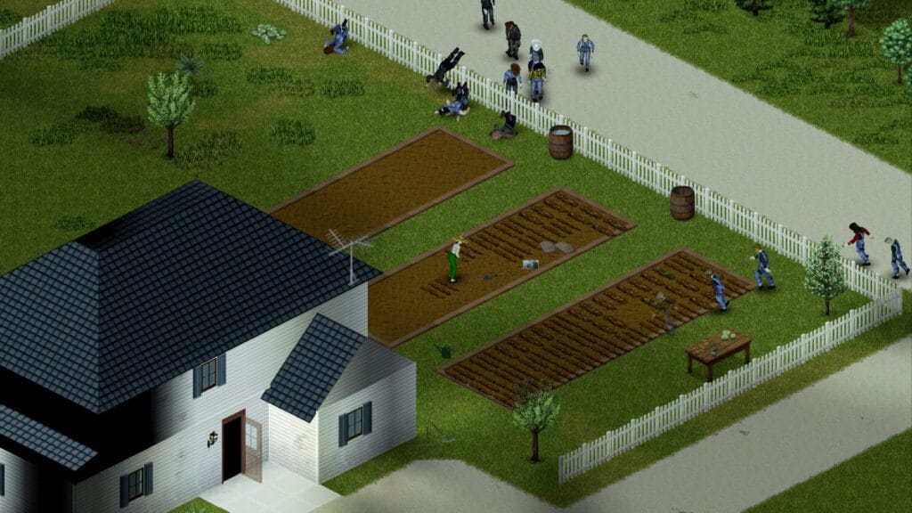A horde gathered in Project Zomboid, , a game similar to My Time at Sandrock