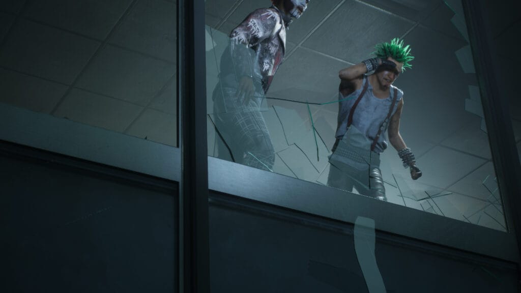 Two gang members look out a broken window in Teyon's new action RPG, the kind of action spectacle that features RoboCop, Rambo, or the Terminator