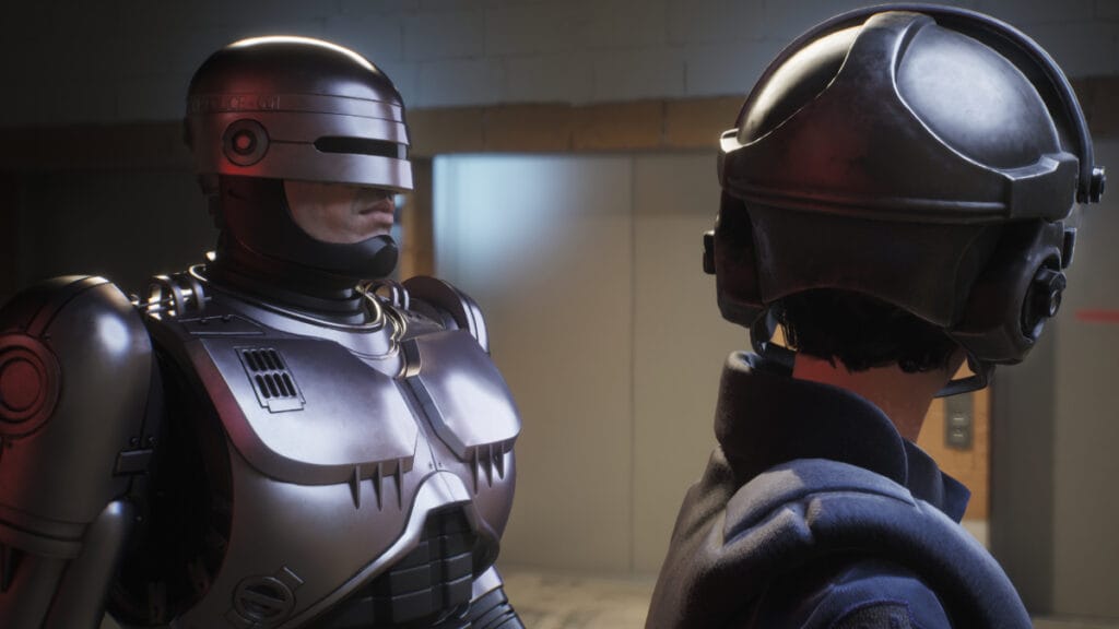 RoboCop talks to his partner in Rogue City