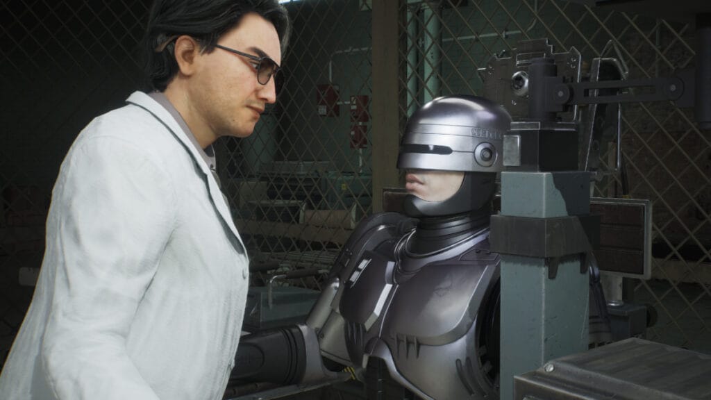 A scientist talks to RoboCop in Rogue City