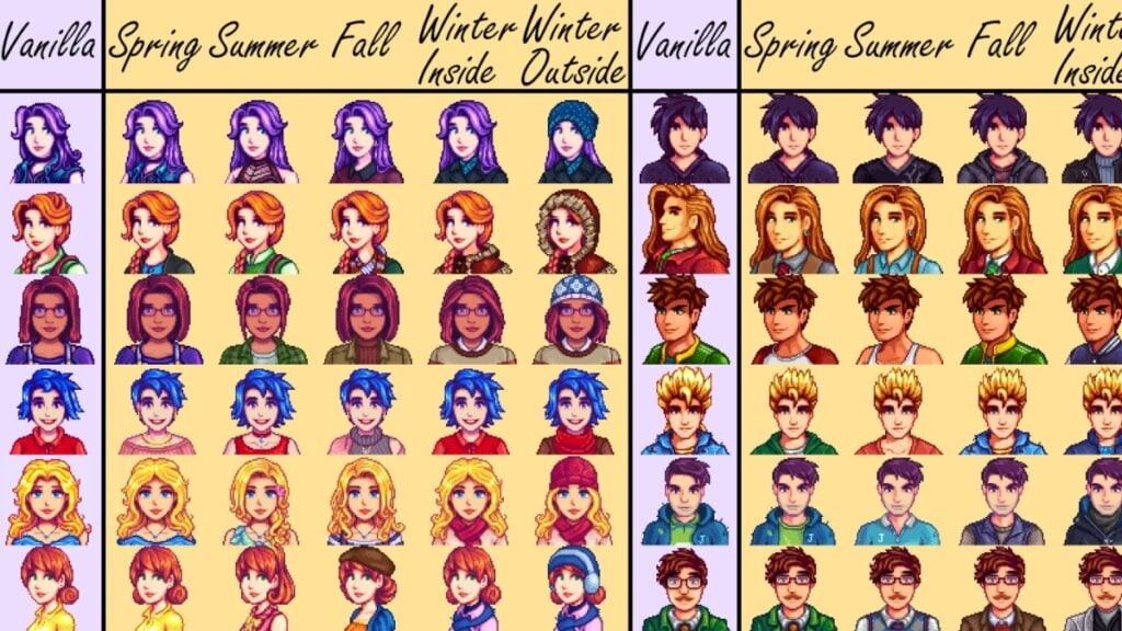 Revised character sprites in the seasonal outfits mod