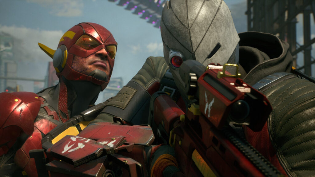 The Flash leans over Deadshot's shoulder in Suicide Squad: Kill the Justice League