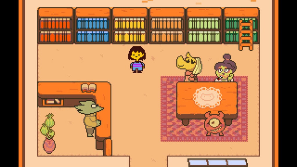Characters gather in a library in Undertale