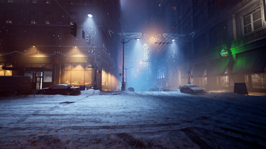 A snowy street in Vampire: The Masquerade - Bloodlines 2, one of the games most likely to get delayed in 2023