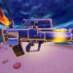 Feature image of "where to find Proximity Grenade Launcher in Fortnite OG" article that showcase the in-game model of the Proximity Grenade Launcher