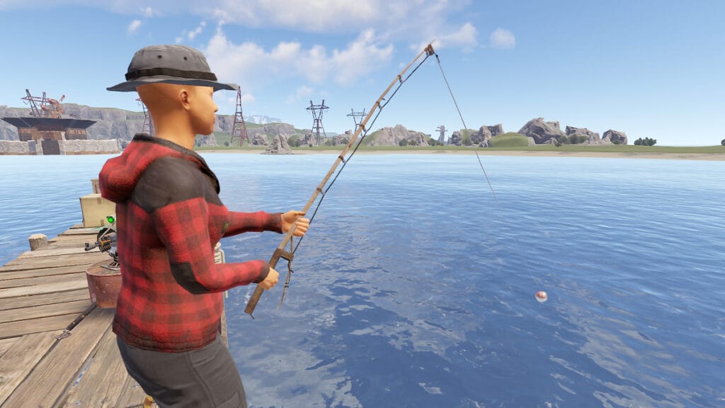 Rust character showing how to fish in Rust