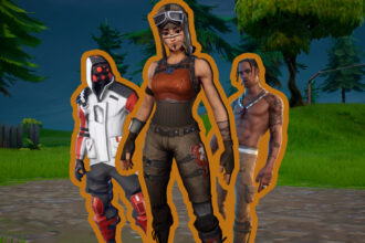 feature image of most rare skin in fortnite article with Double-Helix, Renegade-Raider, and Travis Scott