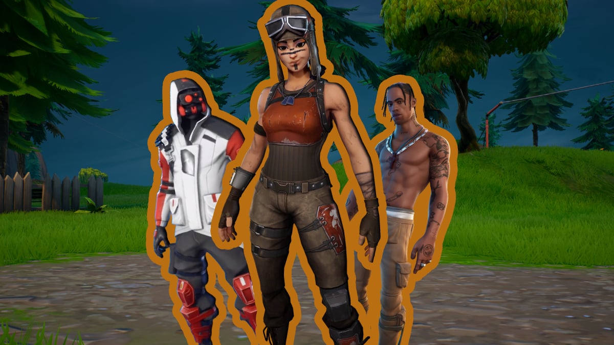feature image of most rare skin in fortnite article with Double-Helix, Renegade-Raider, and Travis Scott