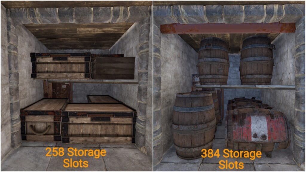 Large Wood Box and Barrel storage comparison in Rust