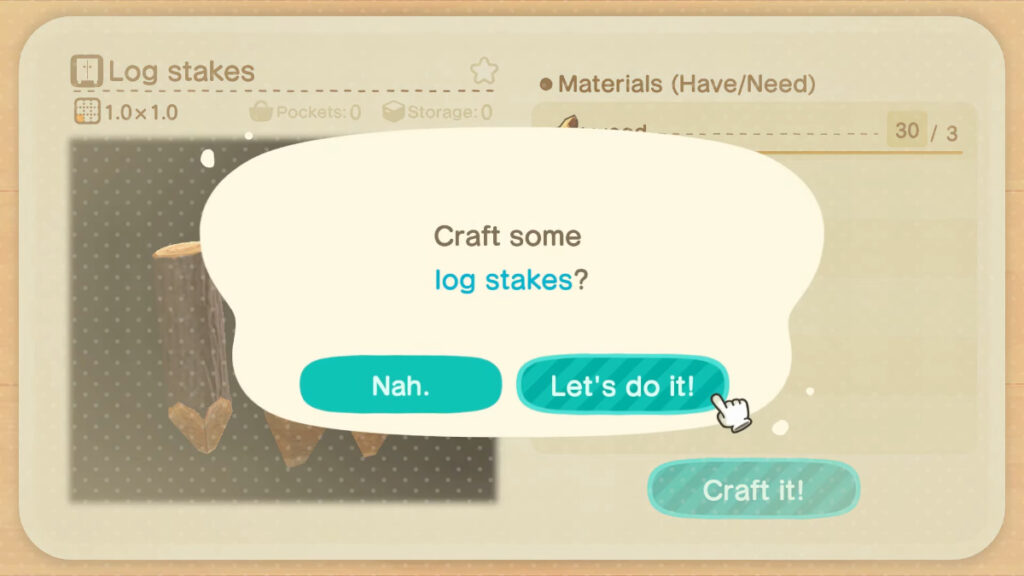 The Log Stakes recipe in Animal Crossing New Horizons