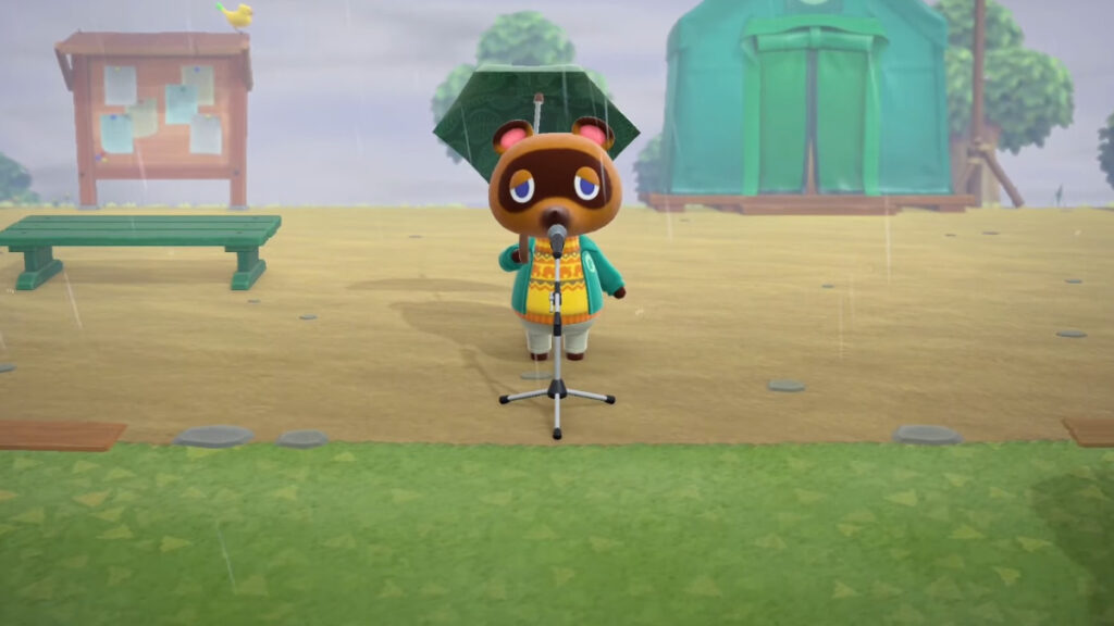 Tom Nook holds an umbrella during a rainy day in Animal Crossing New Horizons