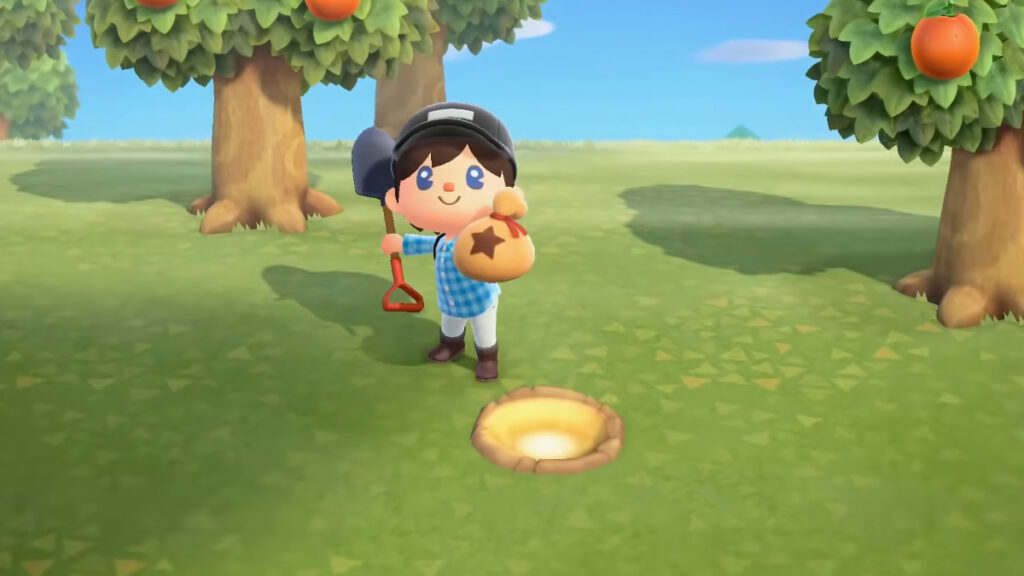 The main character holds a Flimsy Shovel and a bag of Bells in Animal Crossing: New Horizons