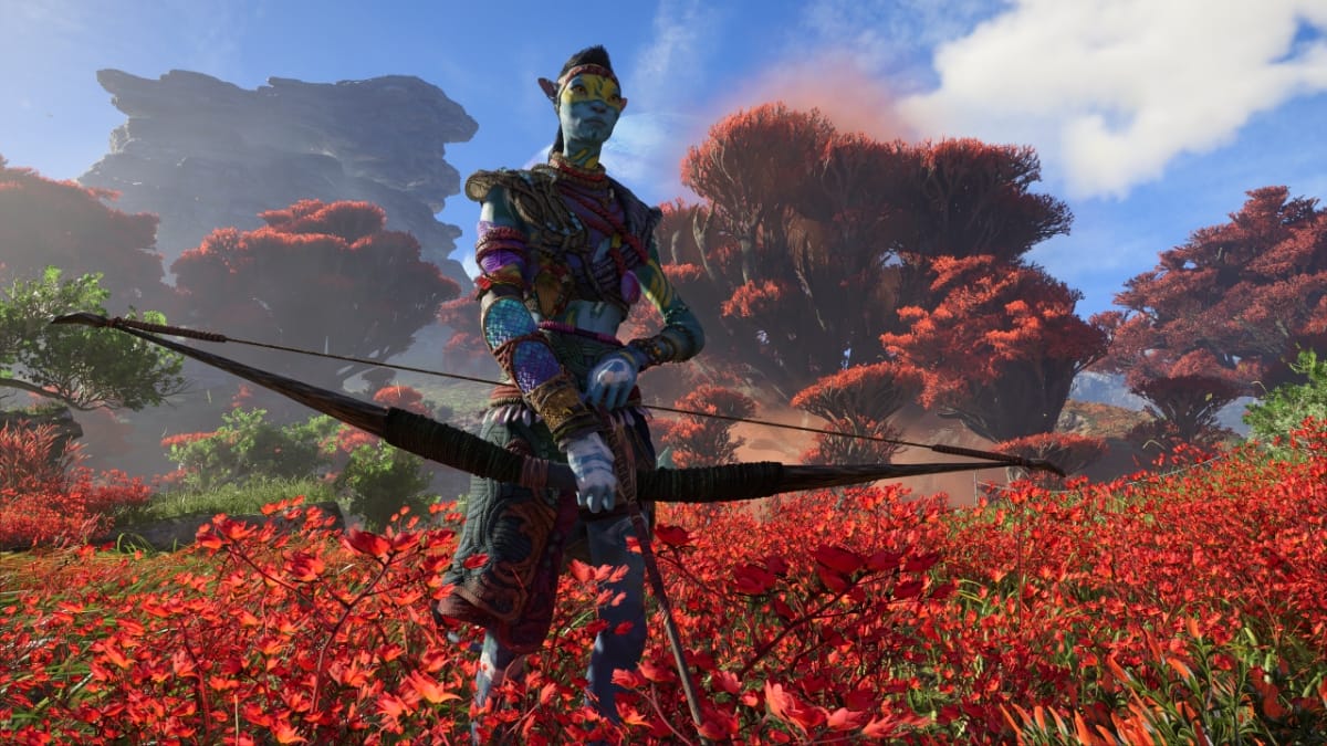 The main character poses with a bow in Avatar: Frontiers of Pandora