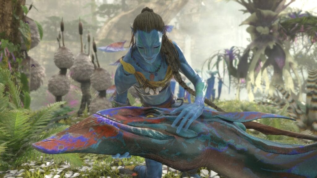A Na'vi pats their Ikran in Avatar: Frontiers of Tomorrow