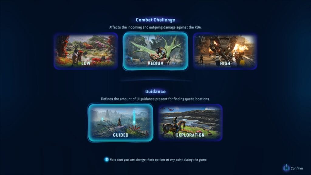 The setting selection screen from Avatar: Frontiers of Pandora