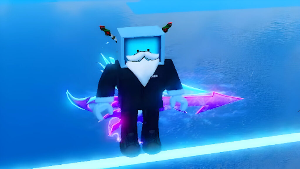 A blue character with a beard in Roblox Blade Ball
