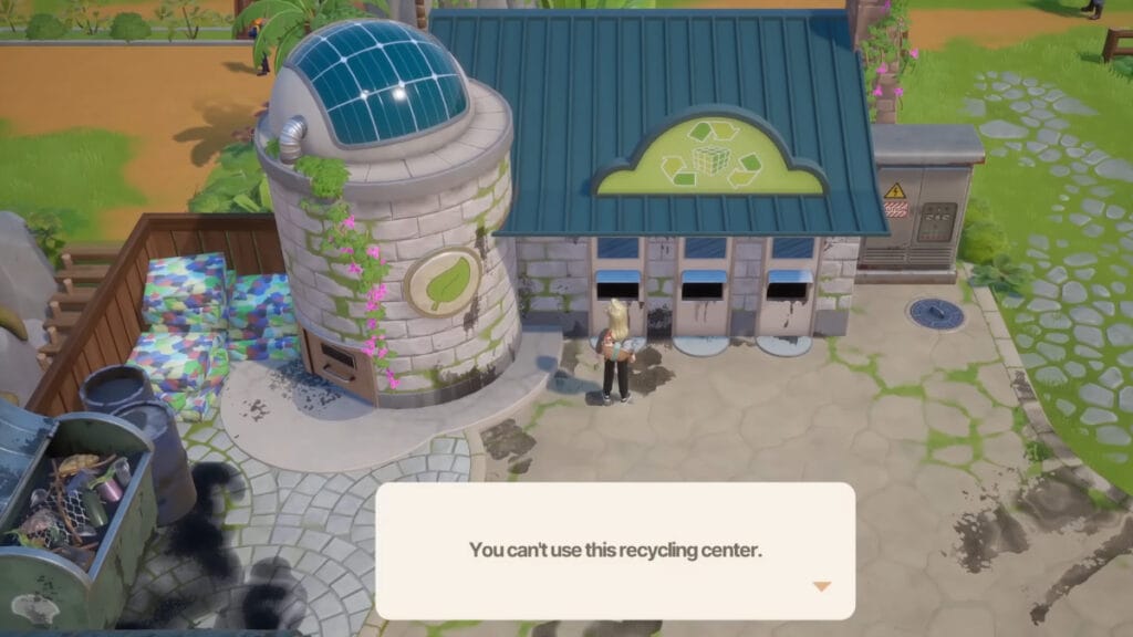 A notification that you cannot use the Recycling Center in Coral Island