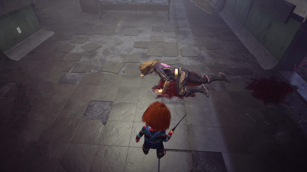 Chucky looms over a downed survivor in Dead by Daylight