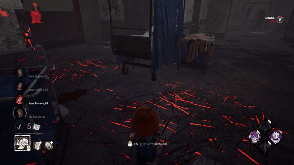 Chucky looks at scratch marks using his third-person camera in Dead by Daylight