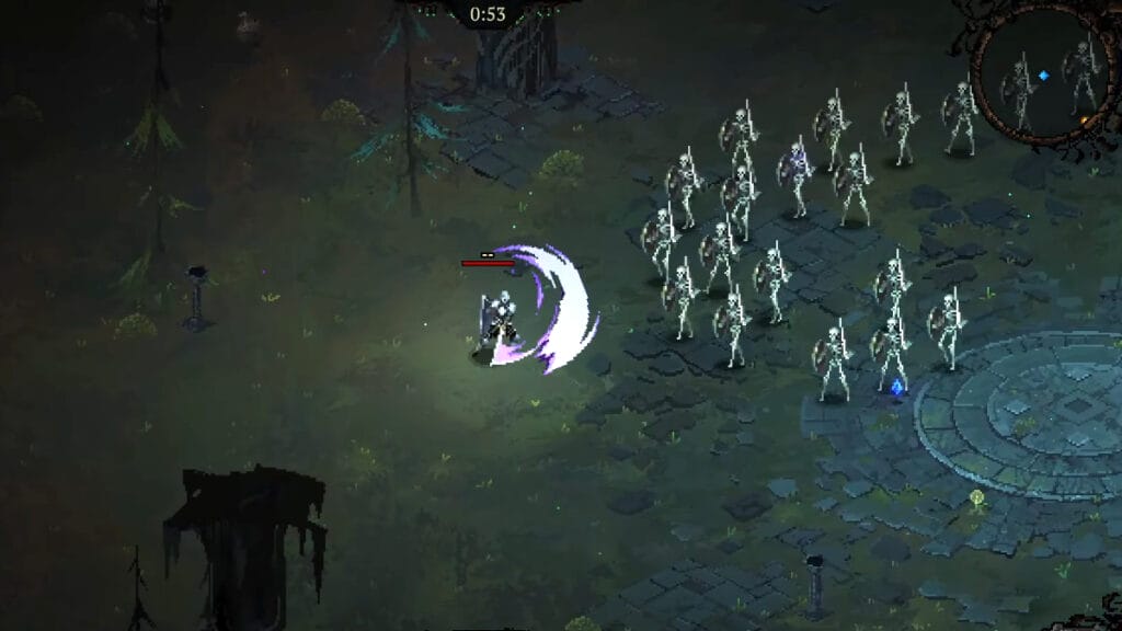 The player slashes with their sword at approaching enemies in Death Must Die