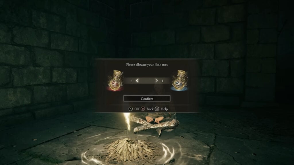The player allocates flask charges in FromSoftware's epic Soulslike