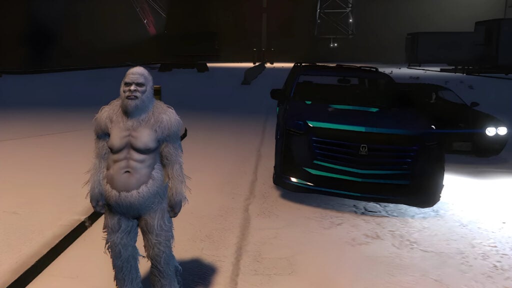 A yeti poses in the snow beside a car in GTA Online