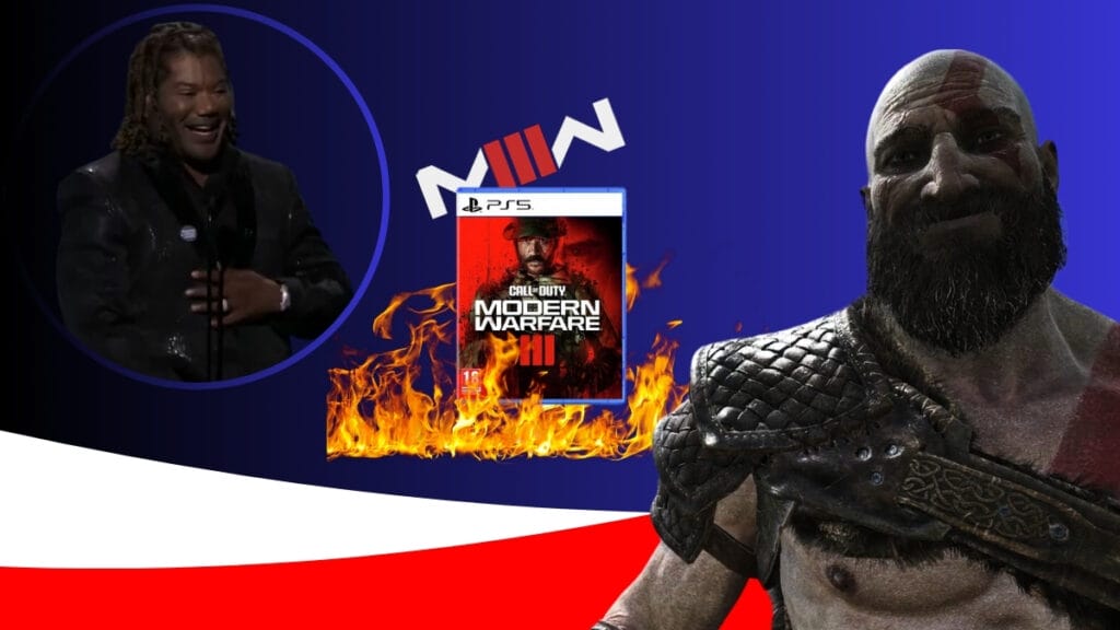 Modern Warfare 3 in flames while Kratos and Kratos actor Judge look on