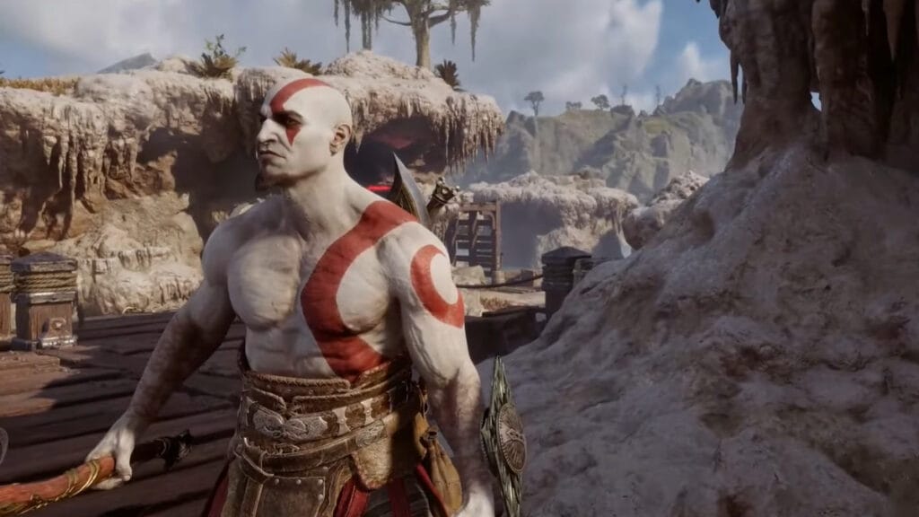 Posing with the Young Kratos skin in God of War Ragnarok