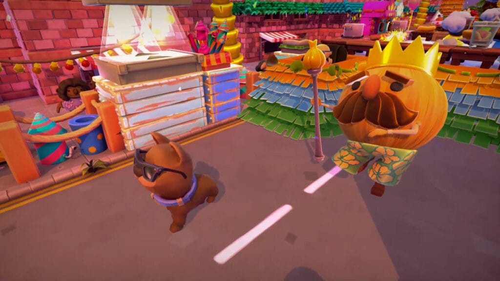 Characters stand on the street in Overcooked 2