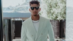 Patrick Mahomes in suit for Netflix's Boss premiere