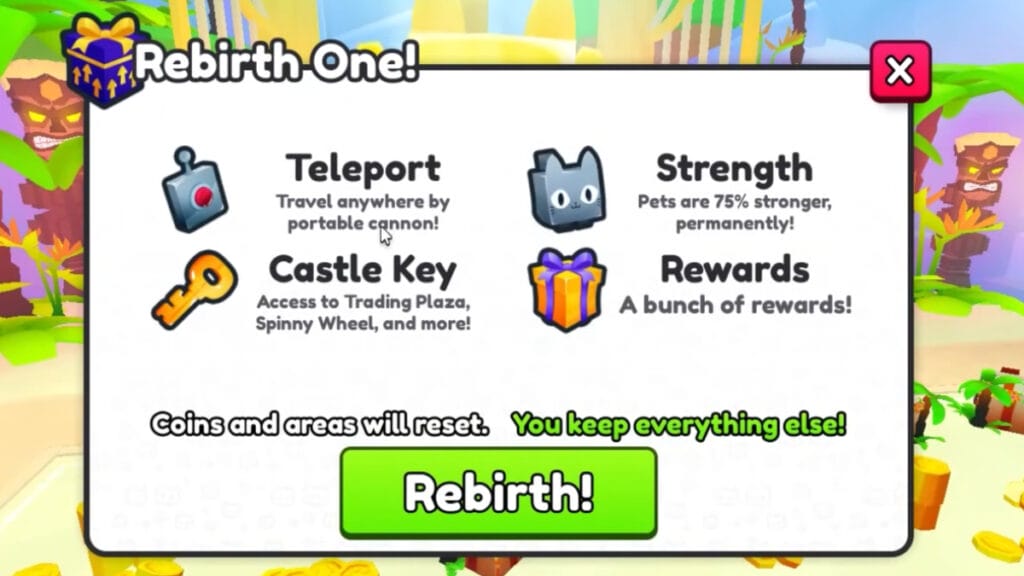 The Castle Key and other Rebirth rewards in Pet Simulator 99