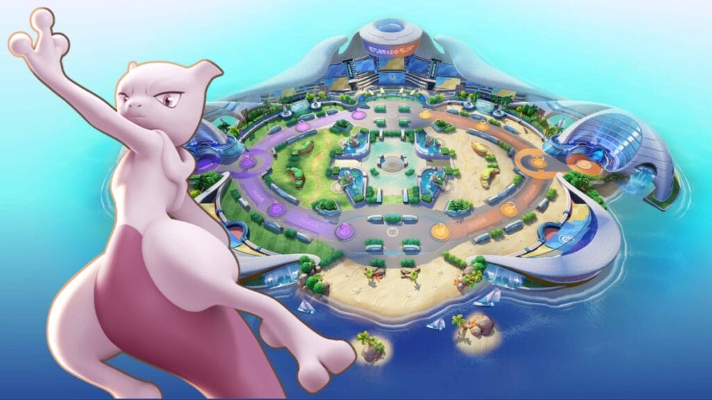 Mewtwo, a new EX Pokemon, looming over the Pokemon Unite arena