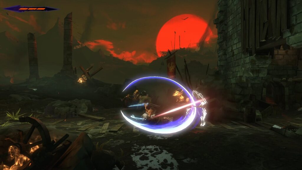 There is a shot of Prince of Persia: The Lost Crown. Sargon is fighting an enemy in a battlefield. There is a red sun in the distance behind them. 