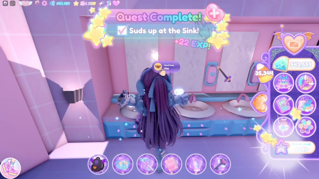 A character washes their hands and gets a Quest Complete notification in Royale High
