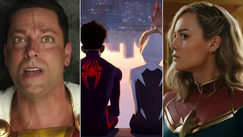 A split image of Shazam in Shazam Fury of the Gods, Miles and Gwen in Spider-Man: Across the Spider-Verse, and Captain Marvel in The Marvels, three superhero movies that were released in 2023.