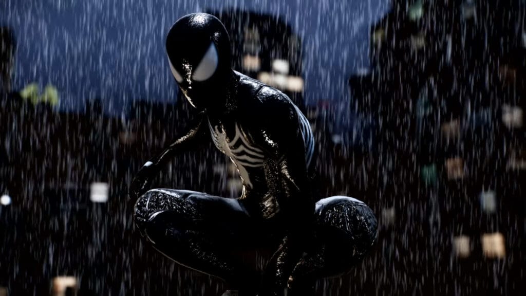 Spider-Man poses in the Venom suit in Spider-Man 2