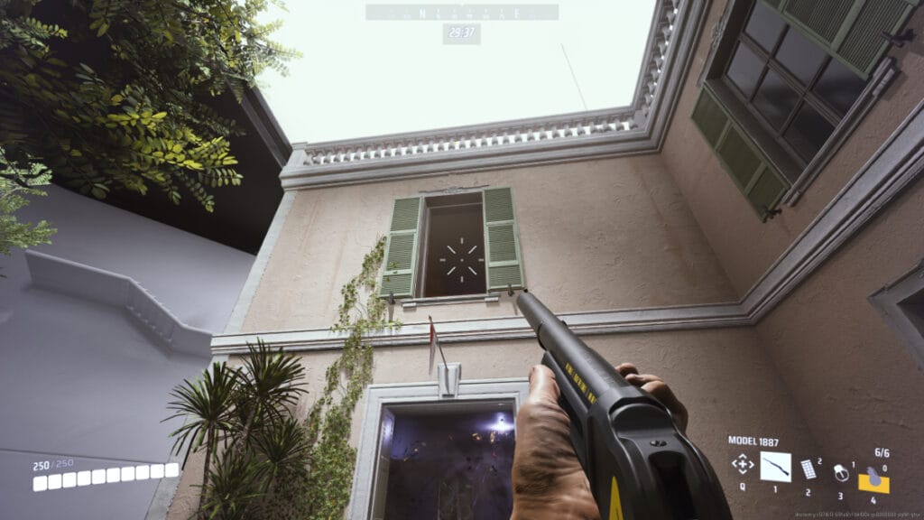 The players points a shotgun at a window in The Finals