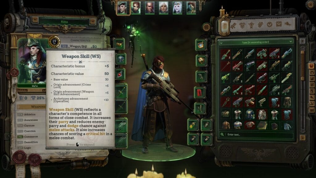 Warhammer 40K Rogue Trader Characteristics Menu