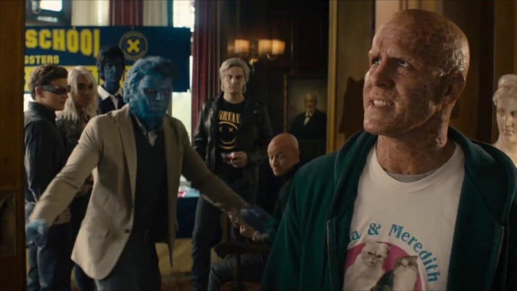 A shot of the X-Men cameo gag in Deadpool 2