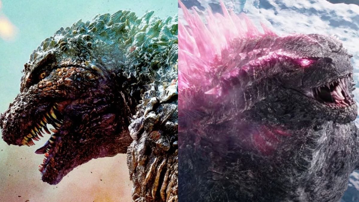 Shots from Godzilla Minus One and Godzilla x Kong