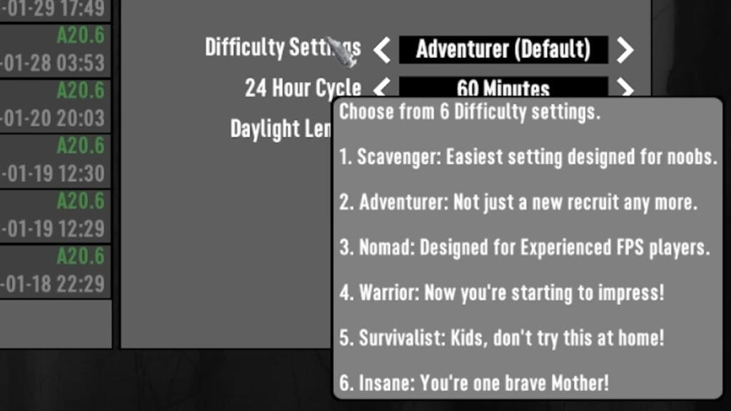 The various difficulty settings in 7 Days to Die