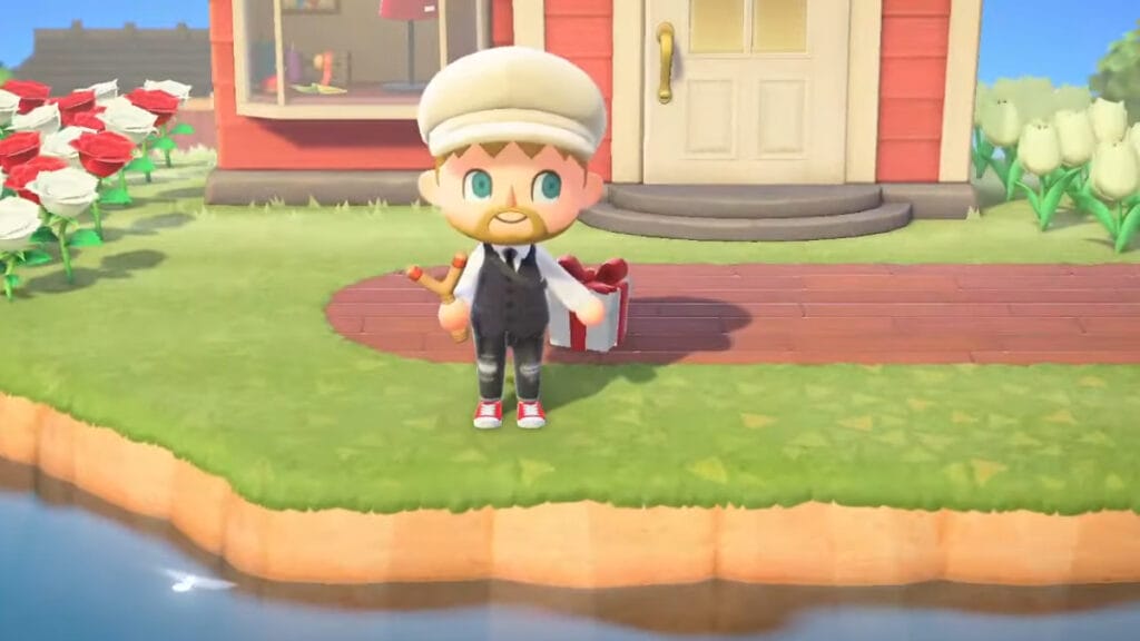 A character stands beside a floating present they just knocked down in Animal Crossing New Horizons